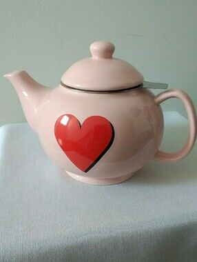Indigo Pink Ceramic Teapot with Red Heart Accent